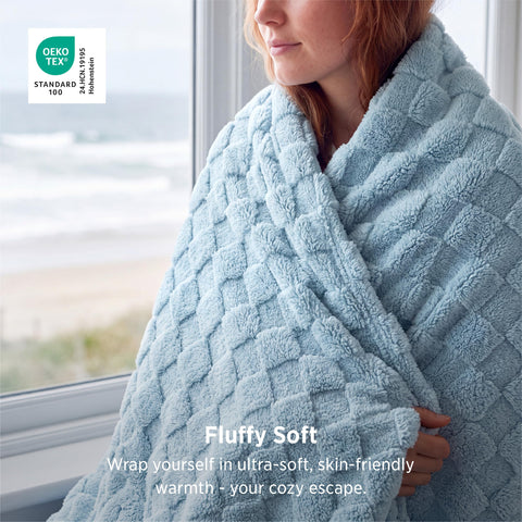 Bedsure close-up of checkered fleece texture highlighting plush microfiber comfort