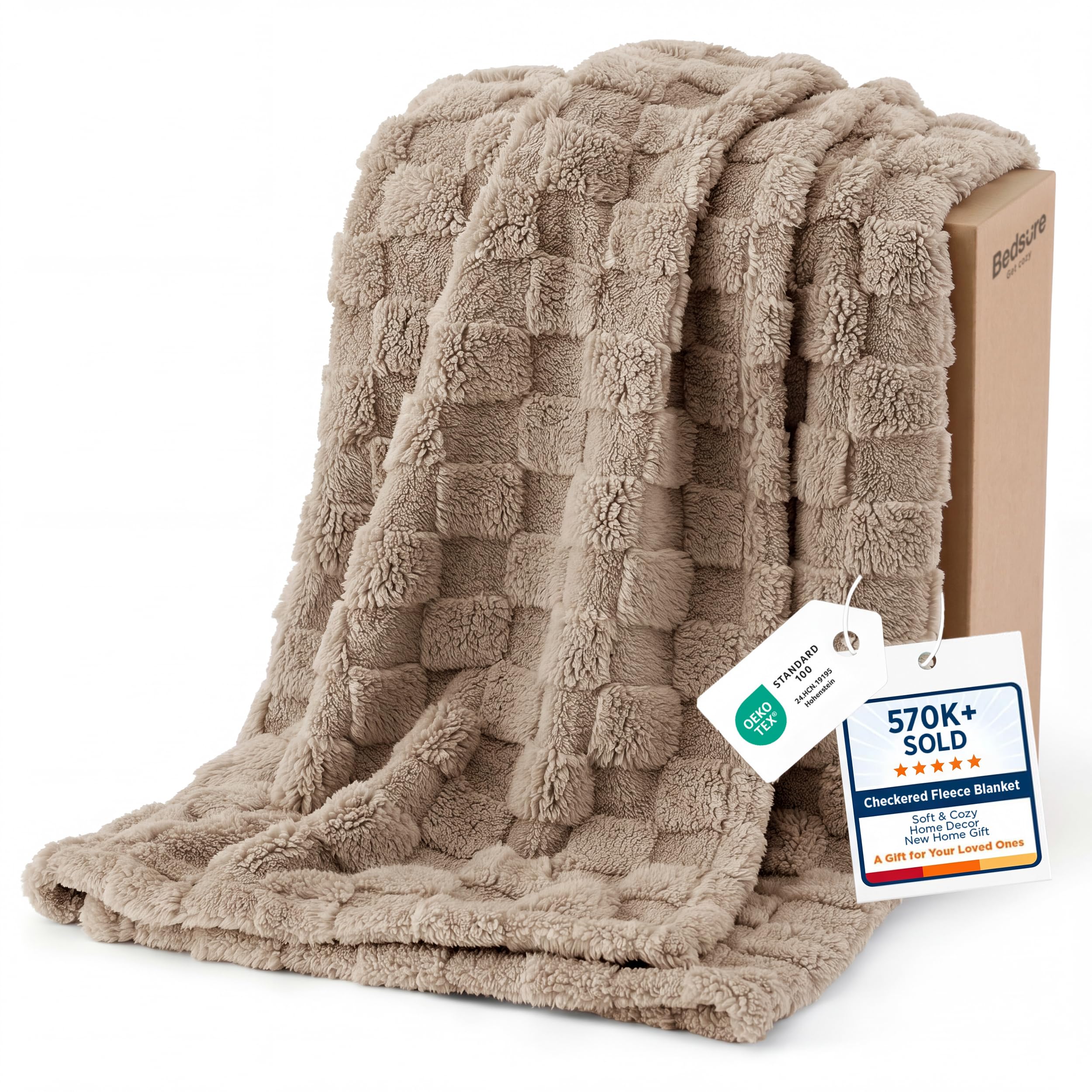 Bedsure blanket front view shows soft checkered pattern and cozy appeal