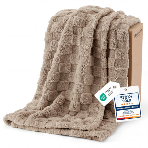 Bedsure blanket front view shows soft checkered pattern and cozy appeal