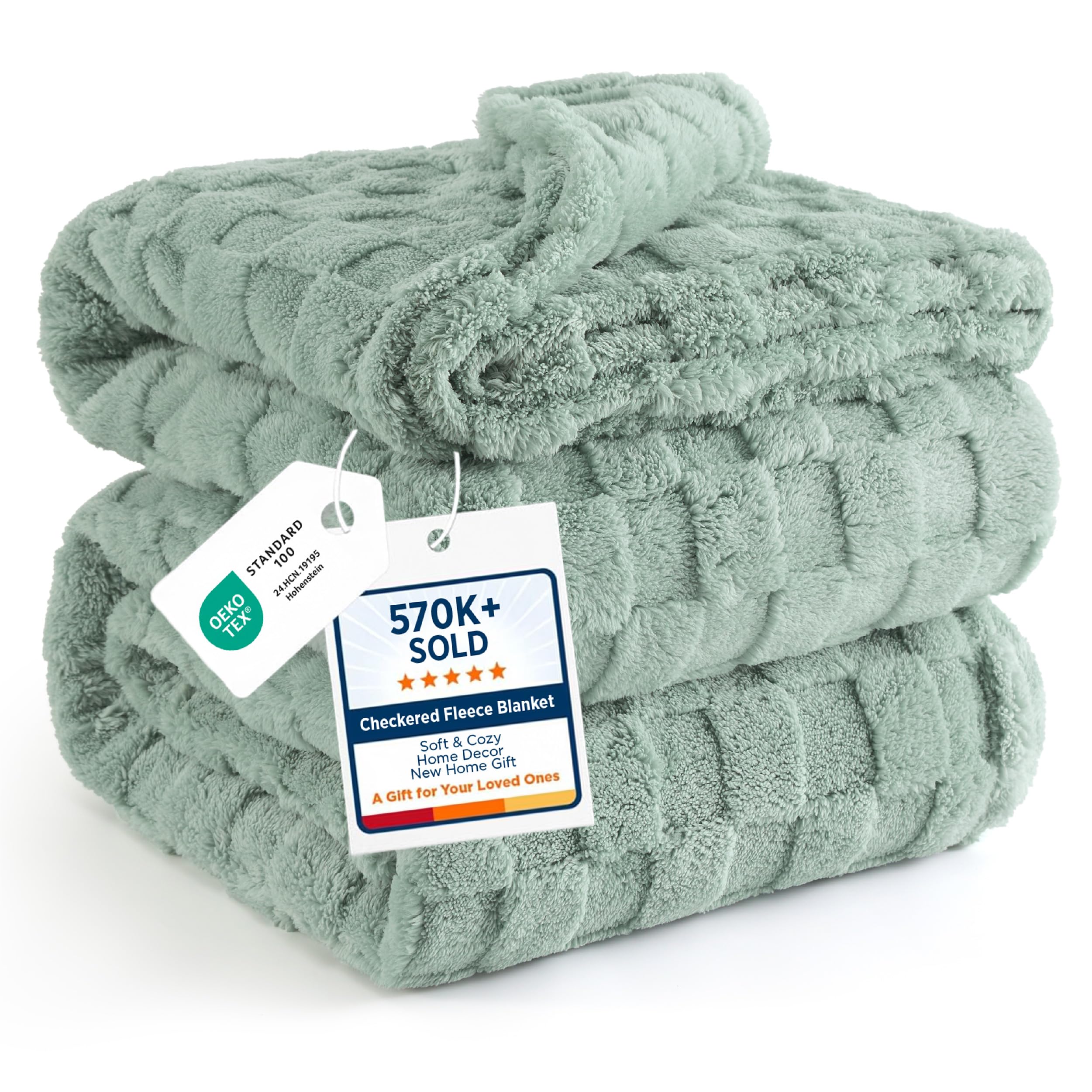 Bedsure front view of sage green checkered blanket showing full coverage and cozy look