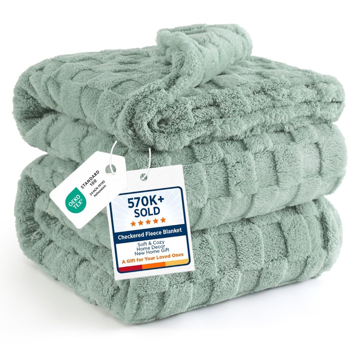 Bedsure front view of sage green checkered blanket showing full coverage and cozy look