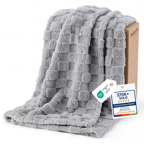 Bedsure blanket front view showing grey checker pattern and cozy appeal
