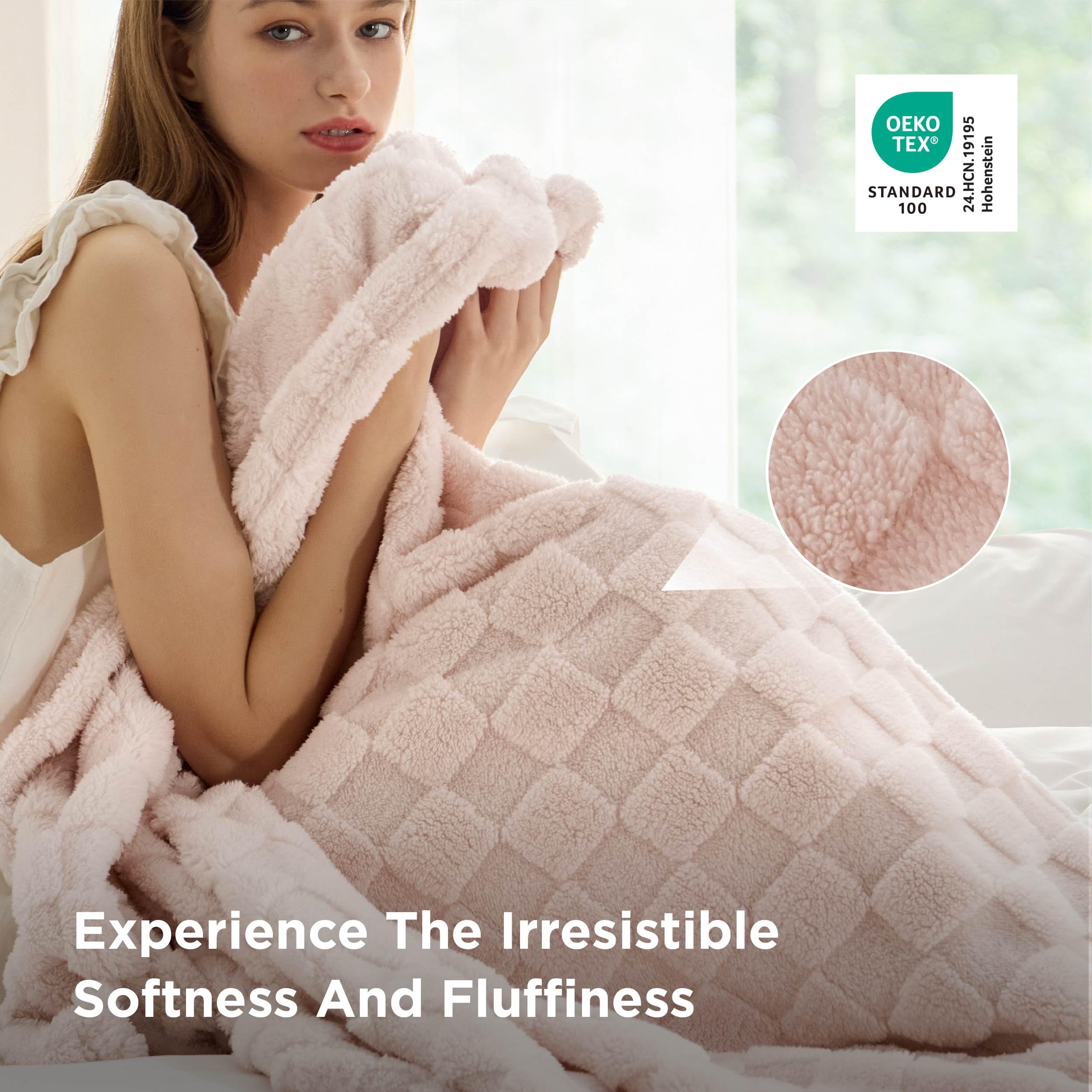 Bedsure neatly folded blanket stacked to display compact storage and easy portability