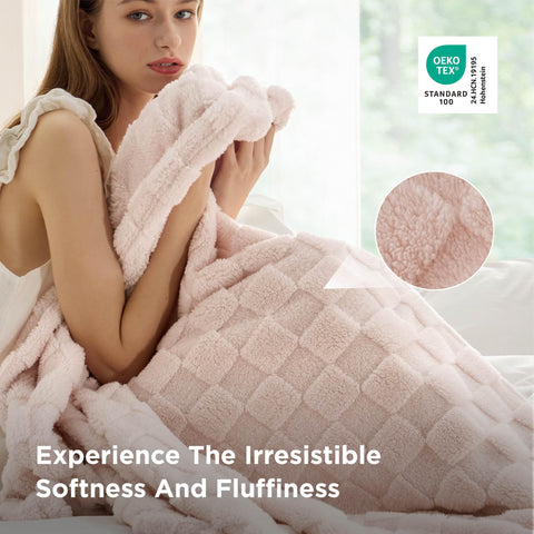 Bedsure neatly folded blanket stacked to display compact storage and easy portability