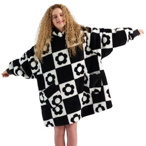 Bedsure chessboard front view showing full hoodie blanket and cozy coverage
