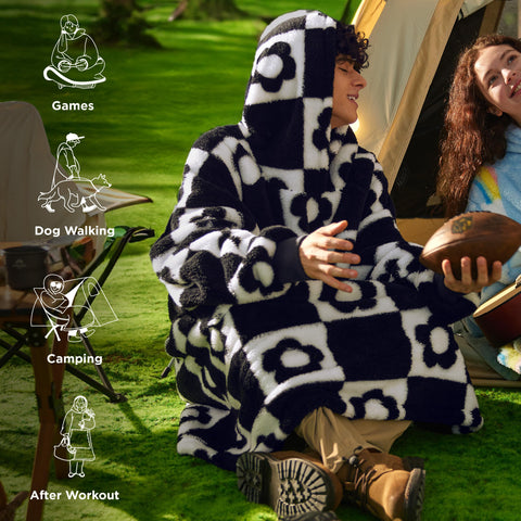 Bedsure model wearing hoodie blanket in living room showing relaxed mobility