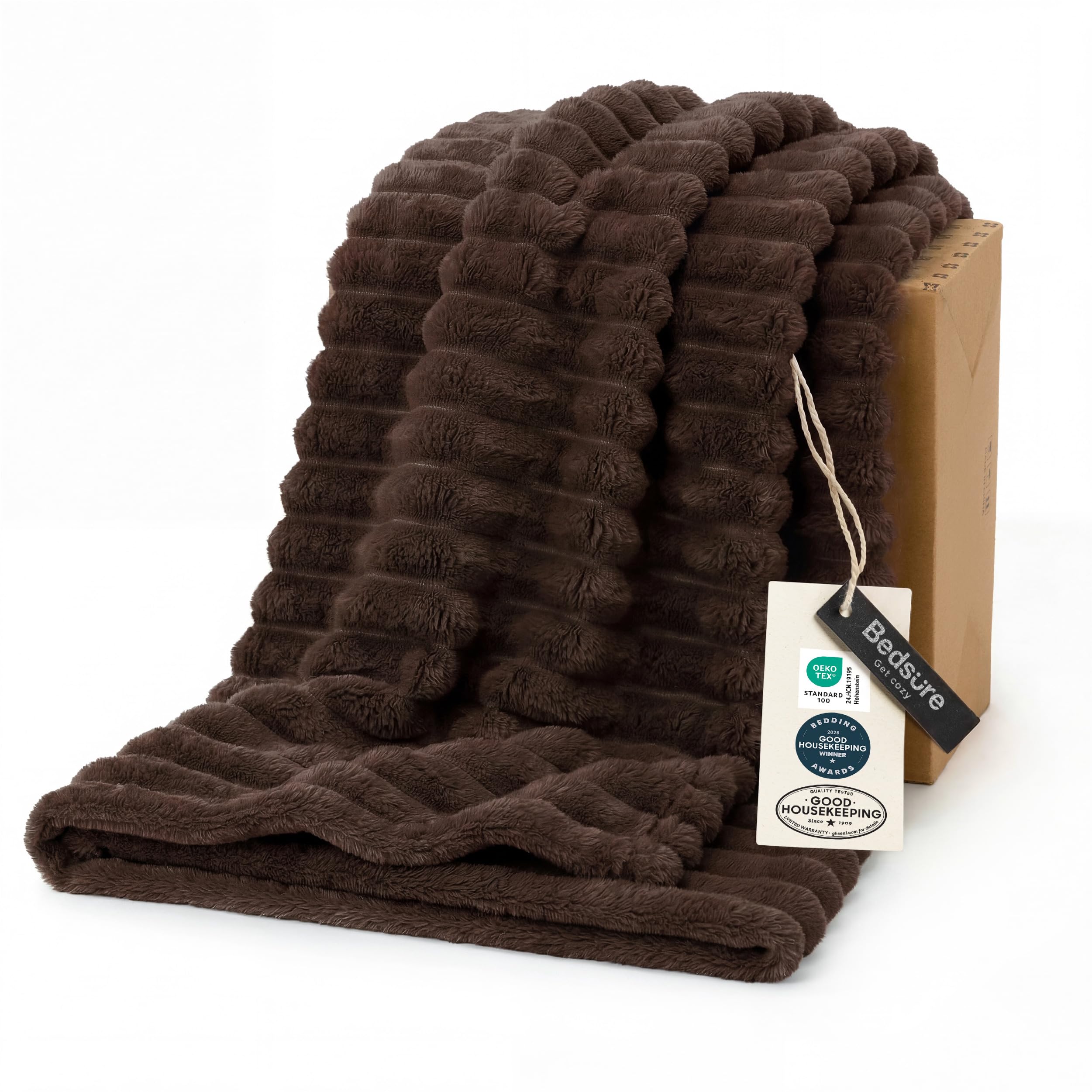 Bedsure folded chocolate brown throw showing neat presentation and cozy look