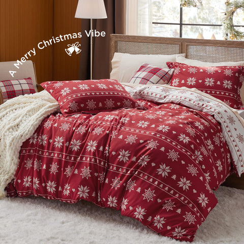 Bedsure close-up of pillow shams highlighting holiday print and matching comfort