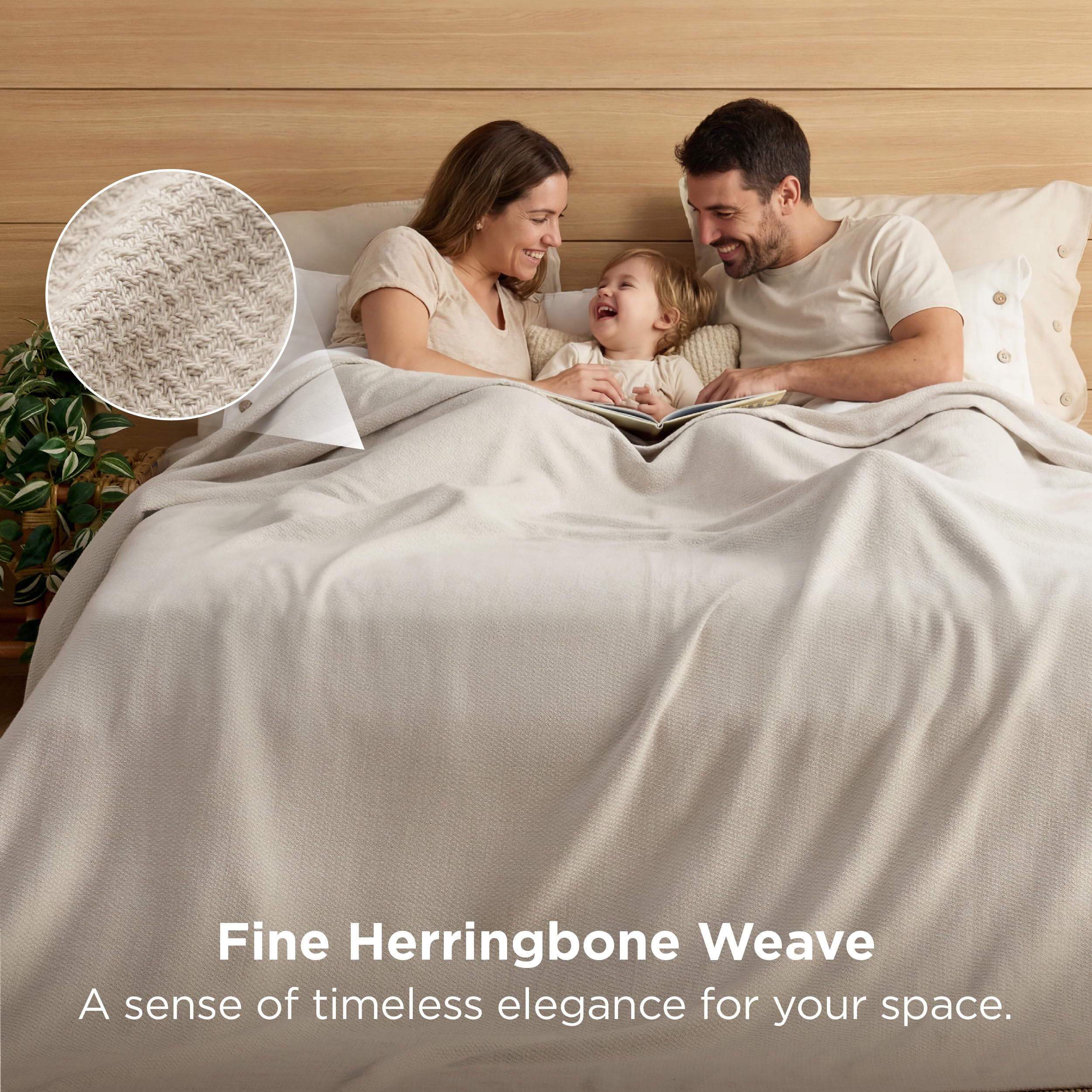 Bedsure close-up of herringbone weave highlighting soft cotton texture and durable feel