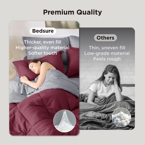 Bedsure close-up of diamond quilted comforter texture showing secure fill and long-lasting softness benefit