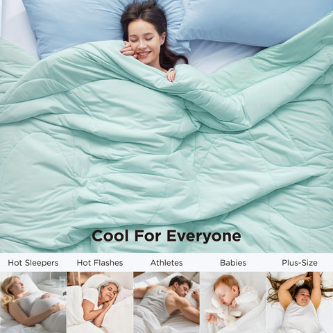 Bedsure comforter draped over sleeper illustrating cooling comfort in use