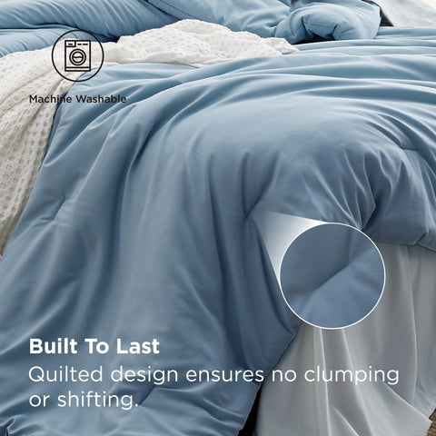 Bedsure folded comforter in closet illustrating easy storage and space-saving benefit