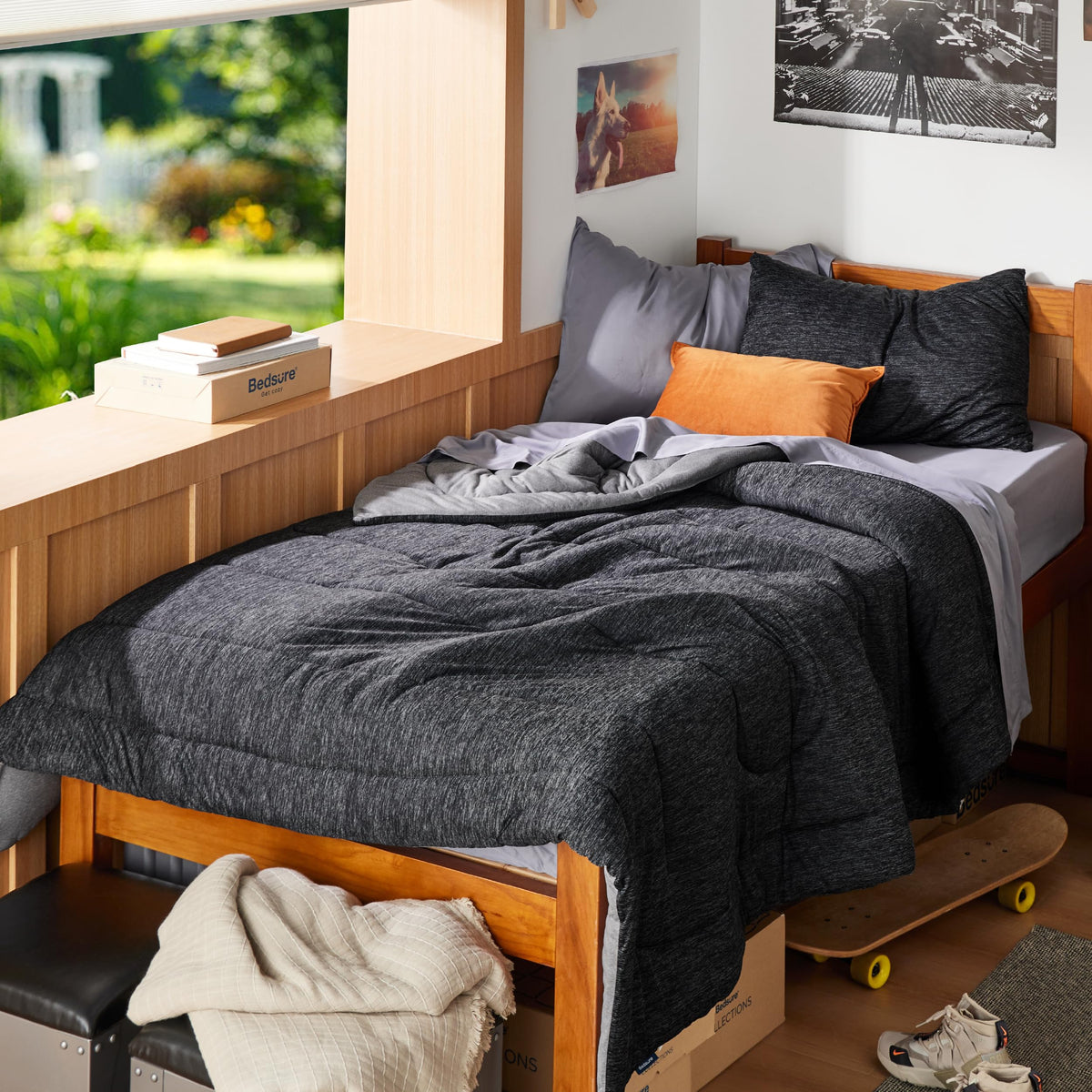 Bedsure comforter front flat view showing clean black finish and smooth drape