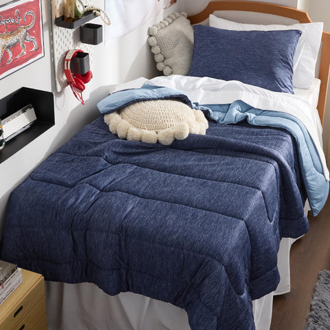 Bedsure comforter front view in navy showing neat finish and inviting look