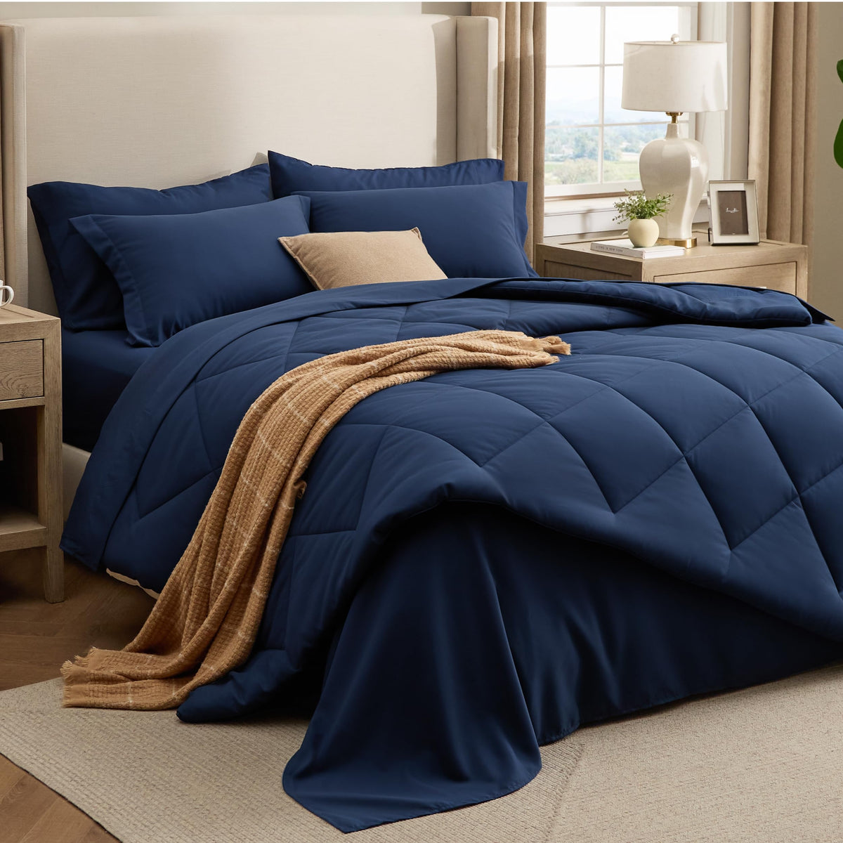 Bedsure comforter front view showing navy color and neat finish for elegant bedding