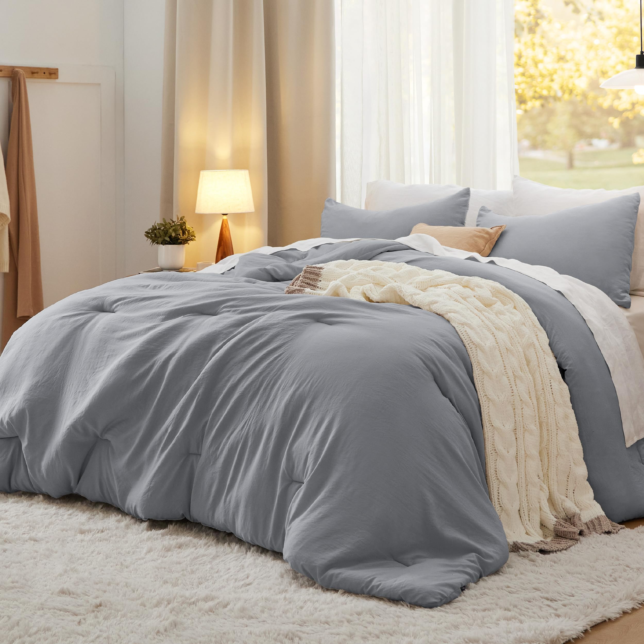 Bedsure front view displaying grey king comforter set for instant bedroom refresh