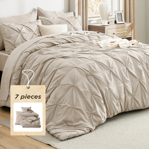 Bedsure beige comforter front view showing neat pinch-pleat elegance and cozy look