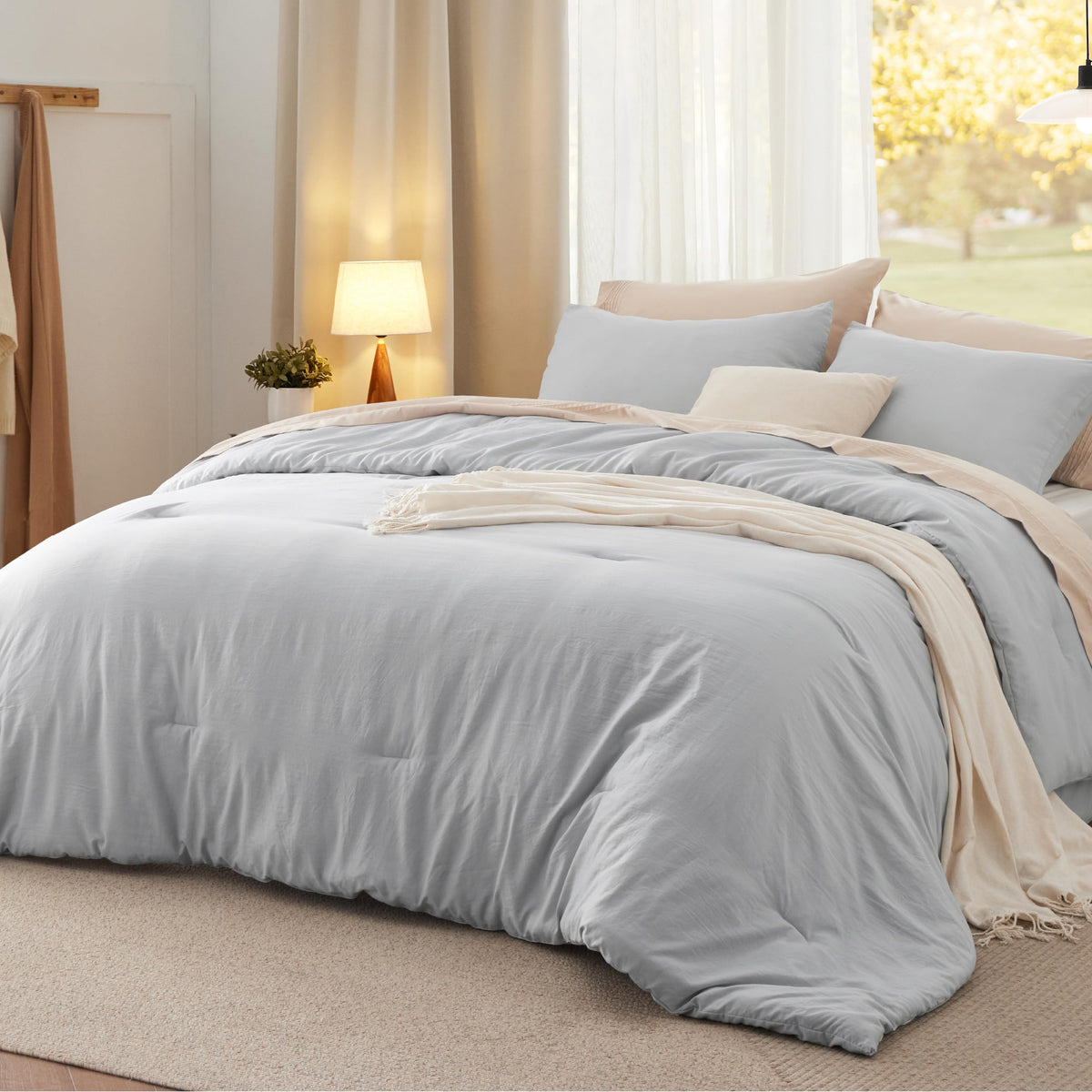 Bedsure comforter front view showing light grey color and cozy look