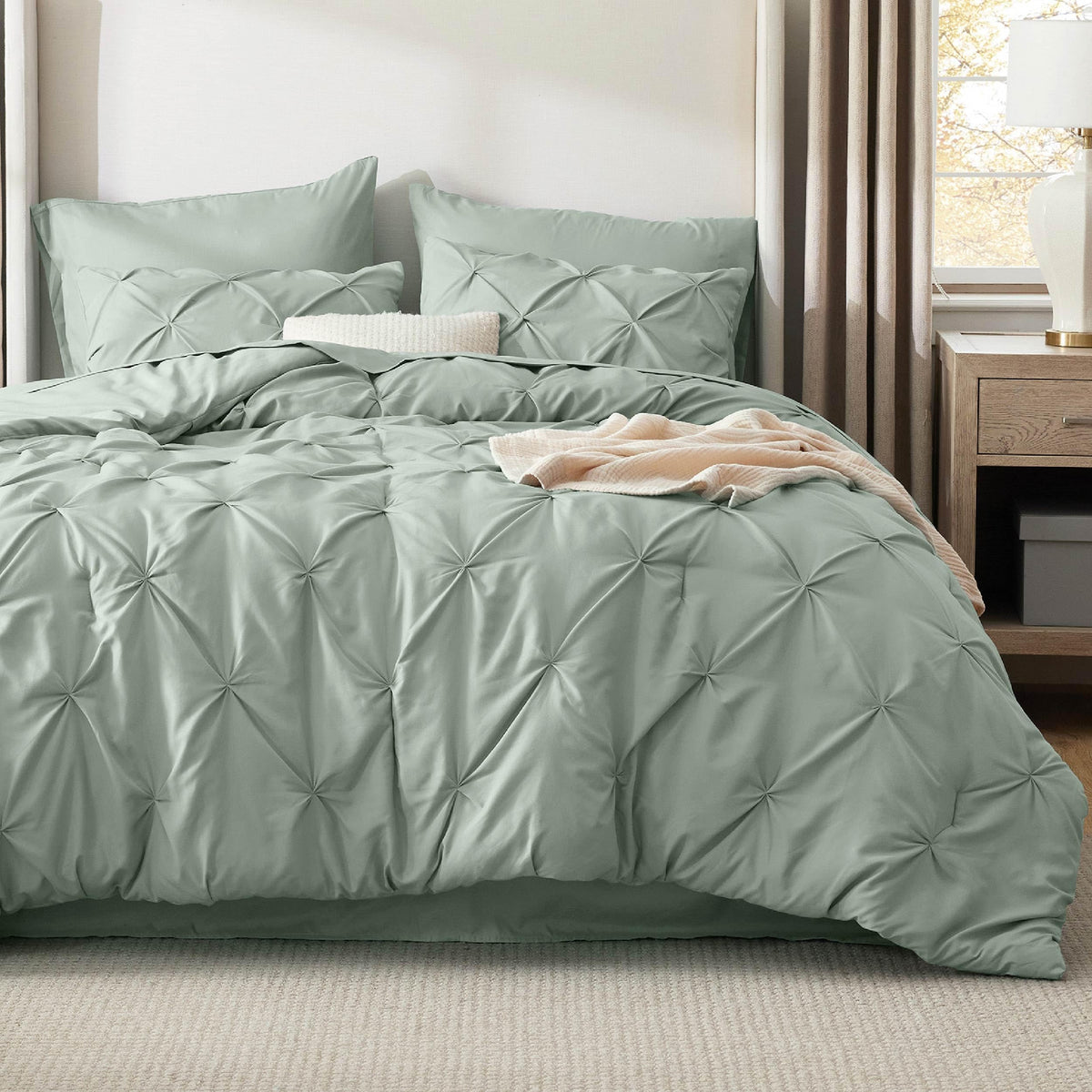 Bedsure comforter front view in sage green showing cozy bedding finish
