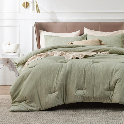 Bedsure comforter front view showing tea green color and full-bed coverage