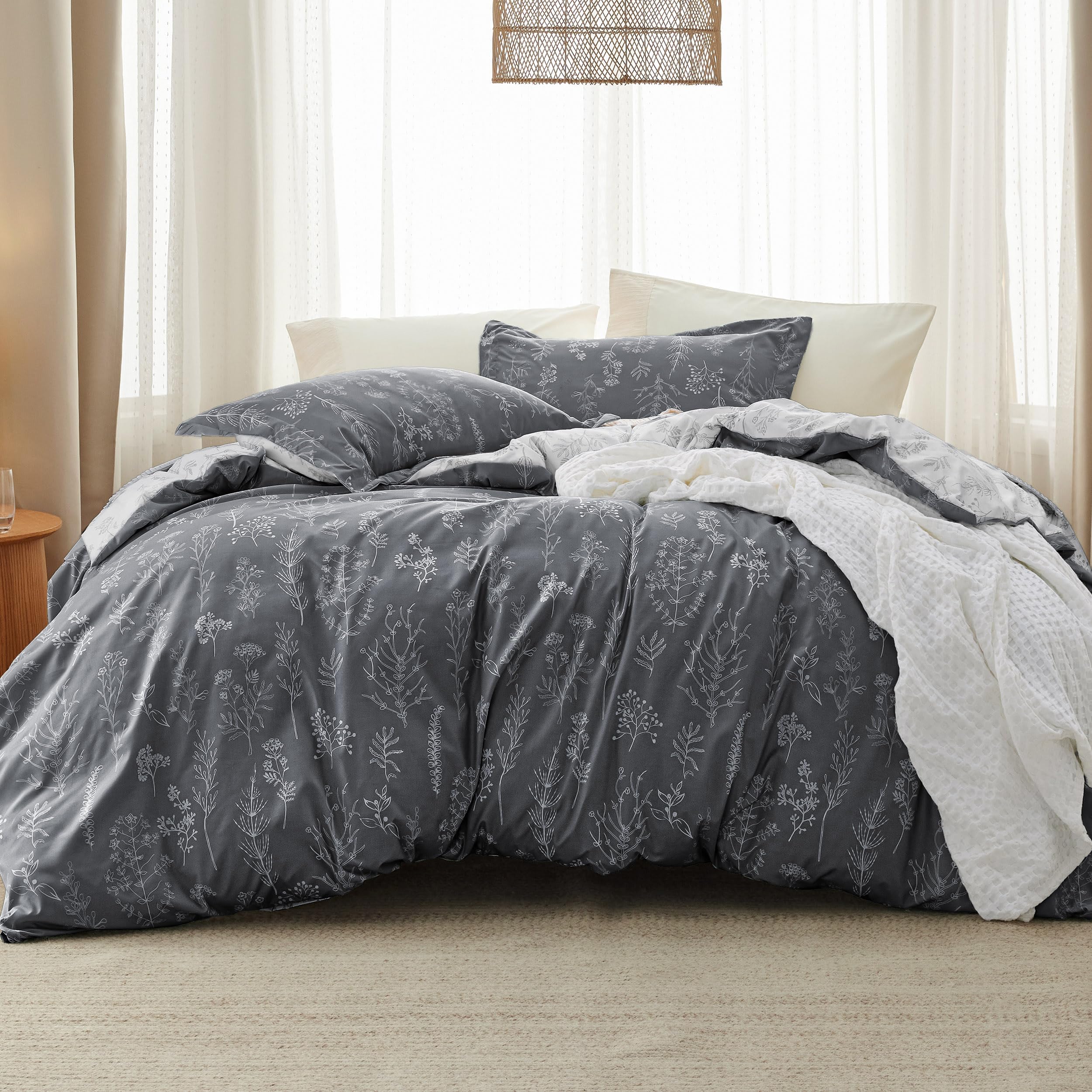 Bedsure comforter front view showing botanical print and inviting texture