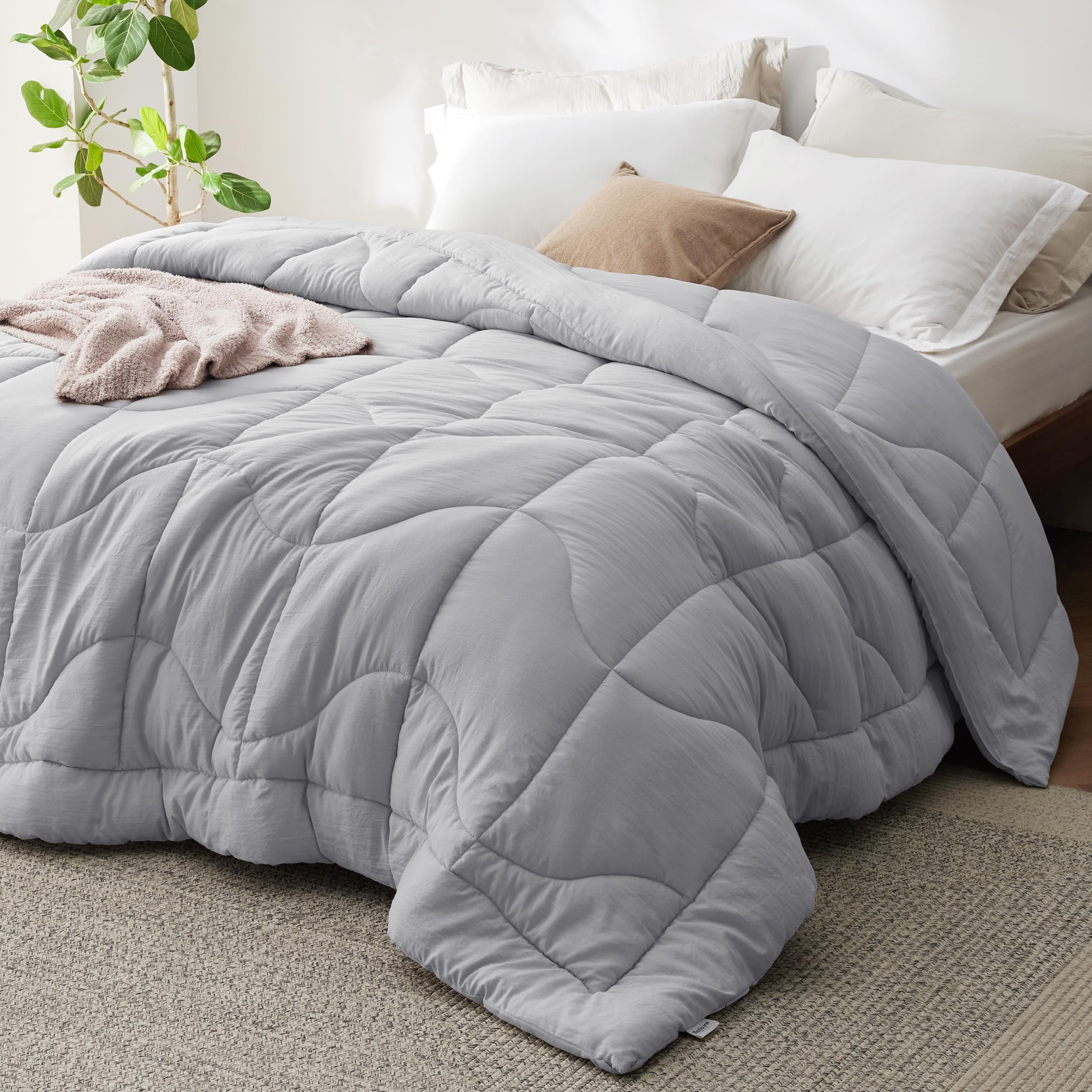 Bedsure comforter front view showing smooth light grey finish and cozy look