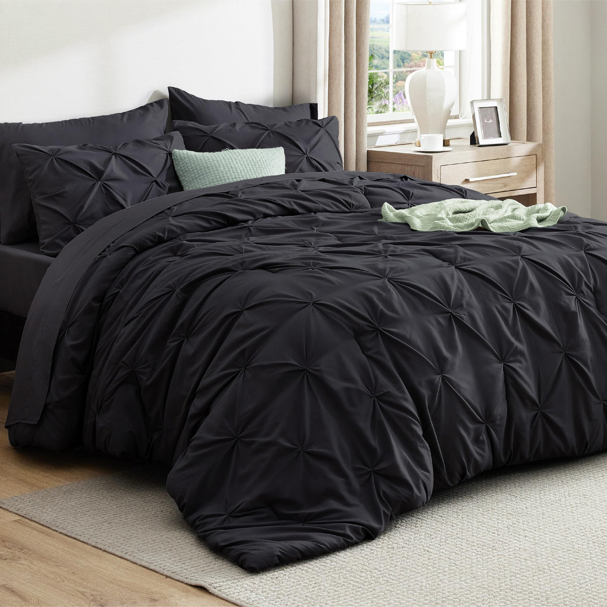 Bedsure comforter front view showing black luxury and instant bedroom upgrade