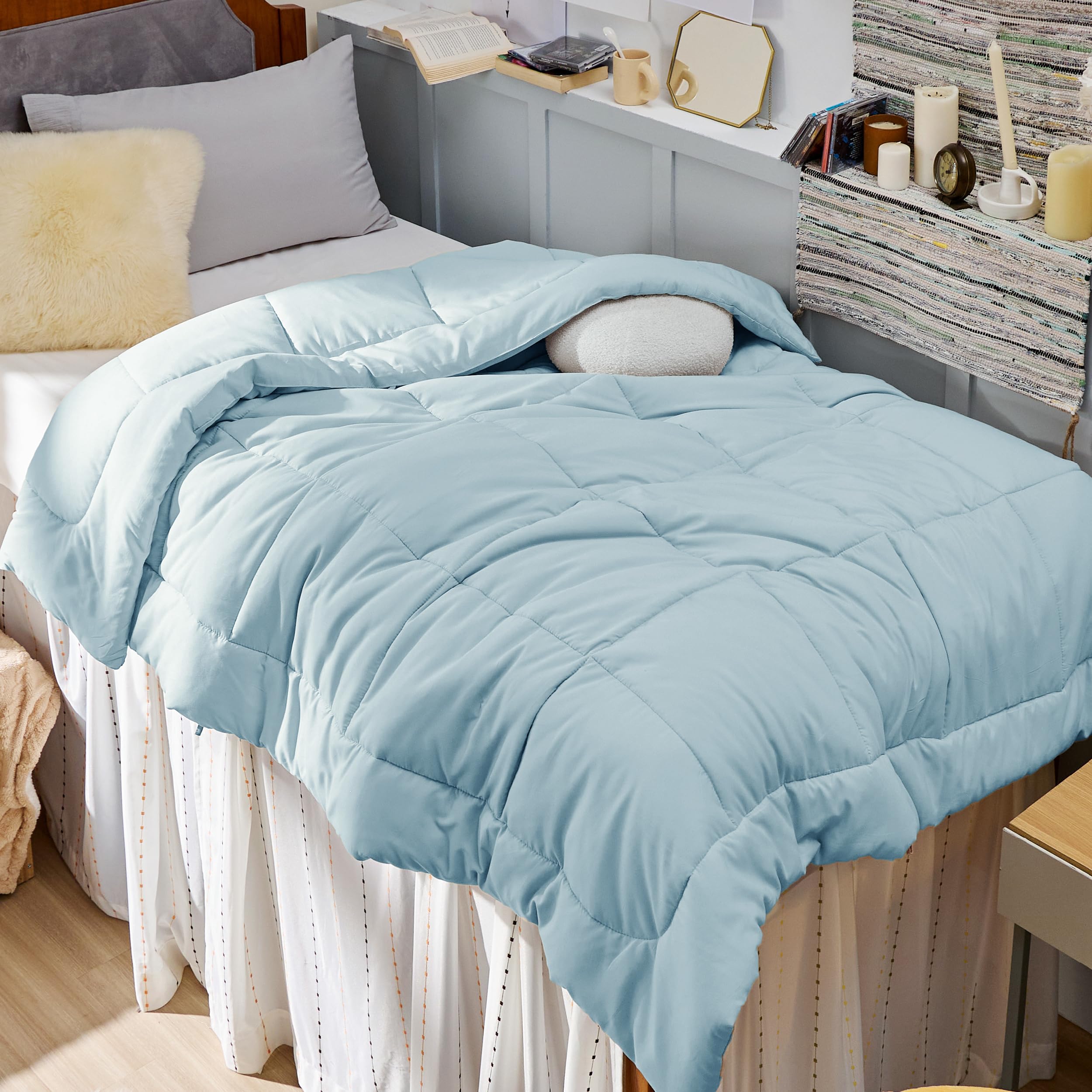 Bedsure comforter front view showing light spa blue color and neat finish, comfortable look