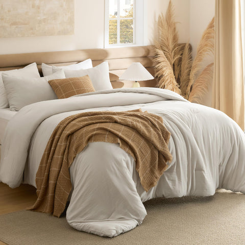 Bedsure comforter front view showing beige color and neat drape for cozy appeal