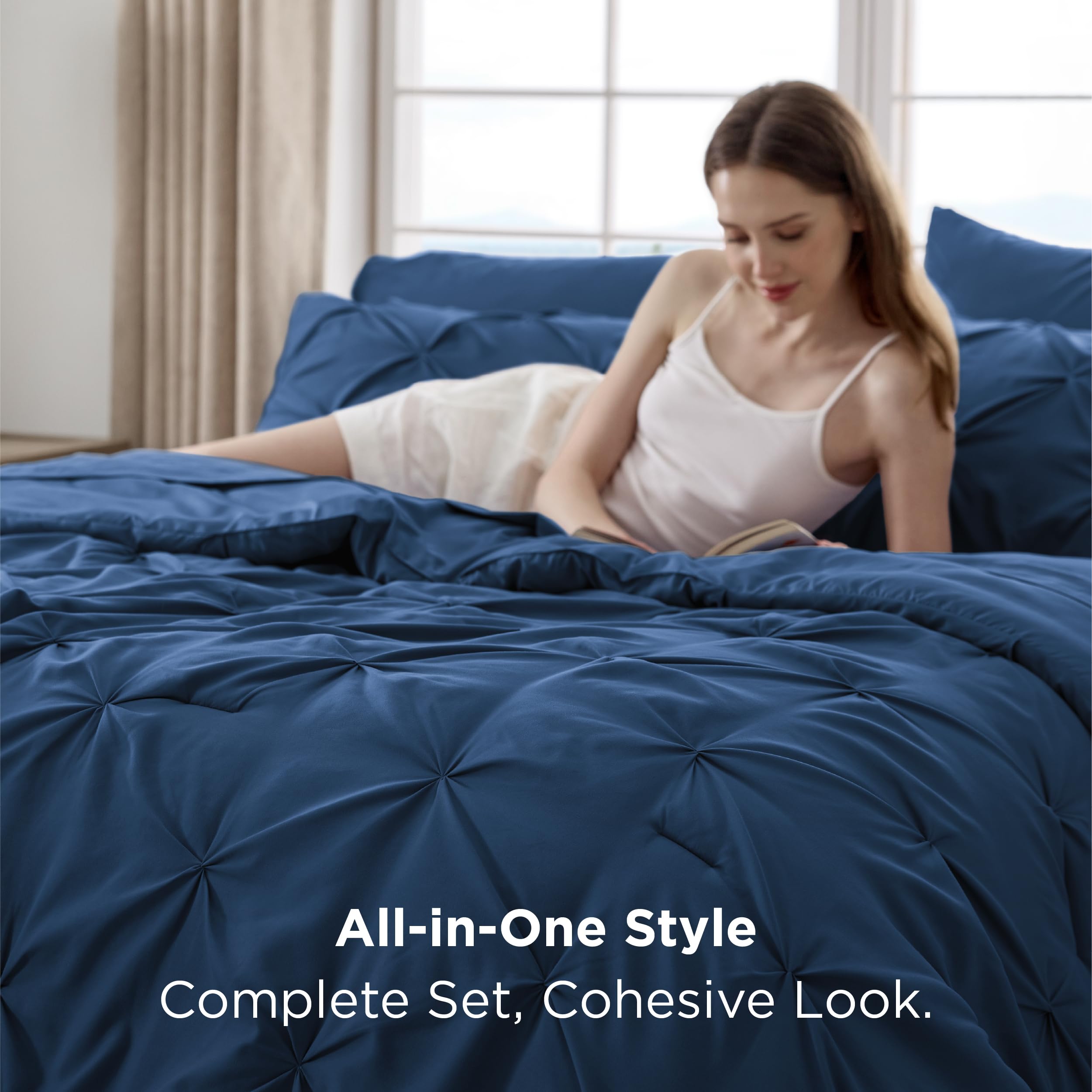 Bedsure comforter on California King bed illustrating full coverage and cloud-like loft for warmth