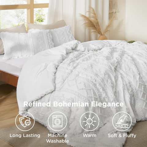 Bedsure comforter on queen bed lifestyle scene adding cozy bright white farmhouse charm