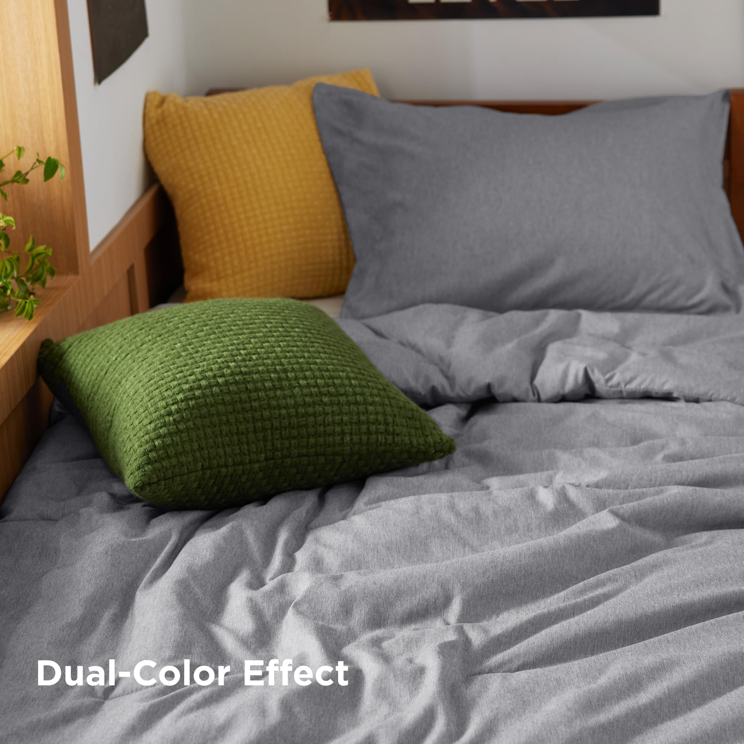 Bedsure on twin bed in a dorm room showing real-life fit and cozy layers