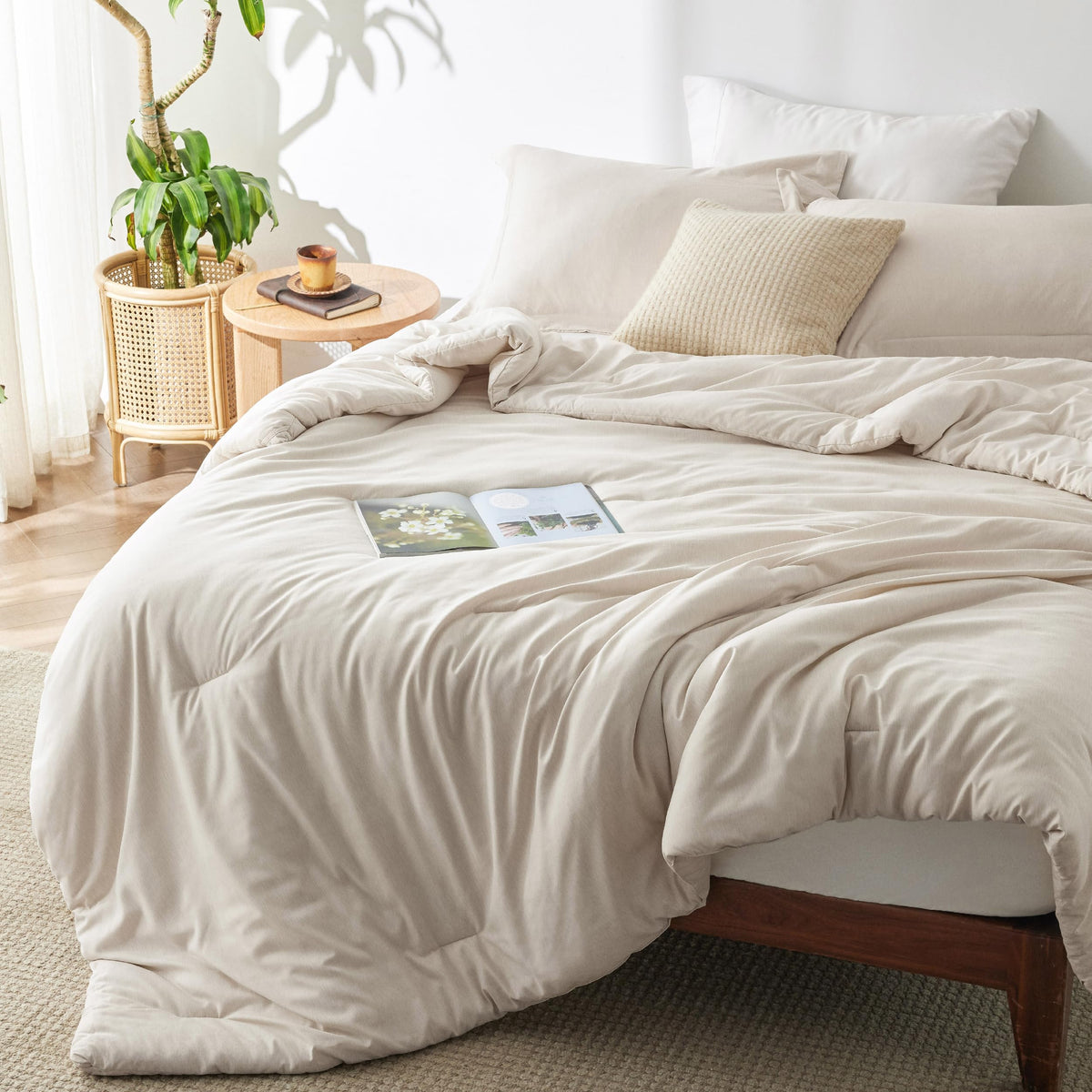 Bedsure king comforter front view showing beige heathered finish and neat edges for a polished bed look