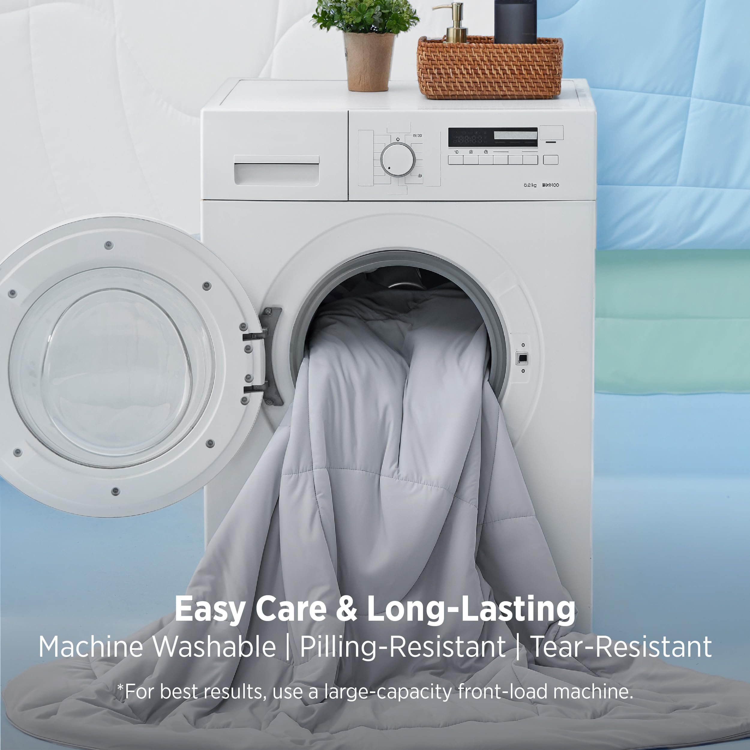 Bedsure comforter pulled open showing breathable fill for temperature control