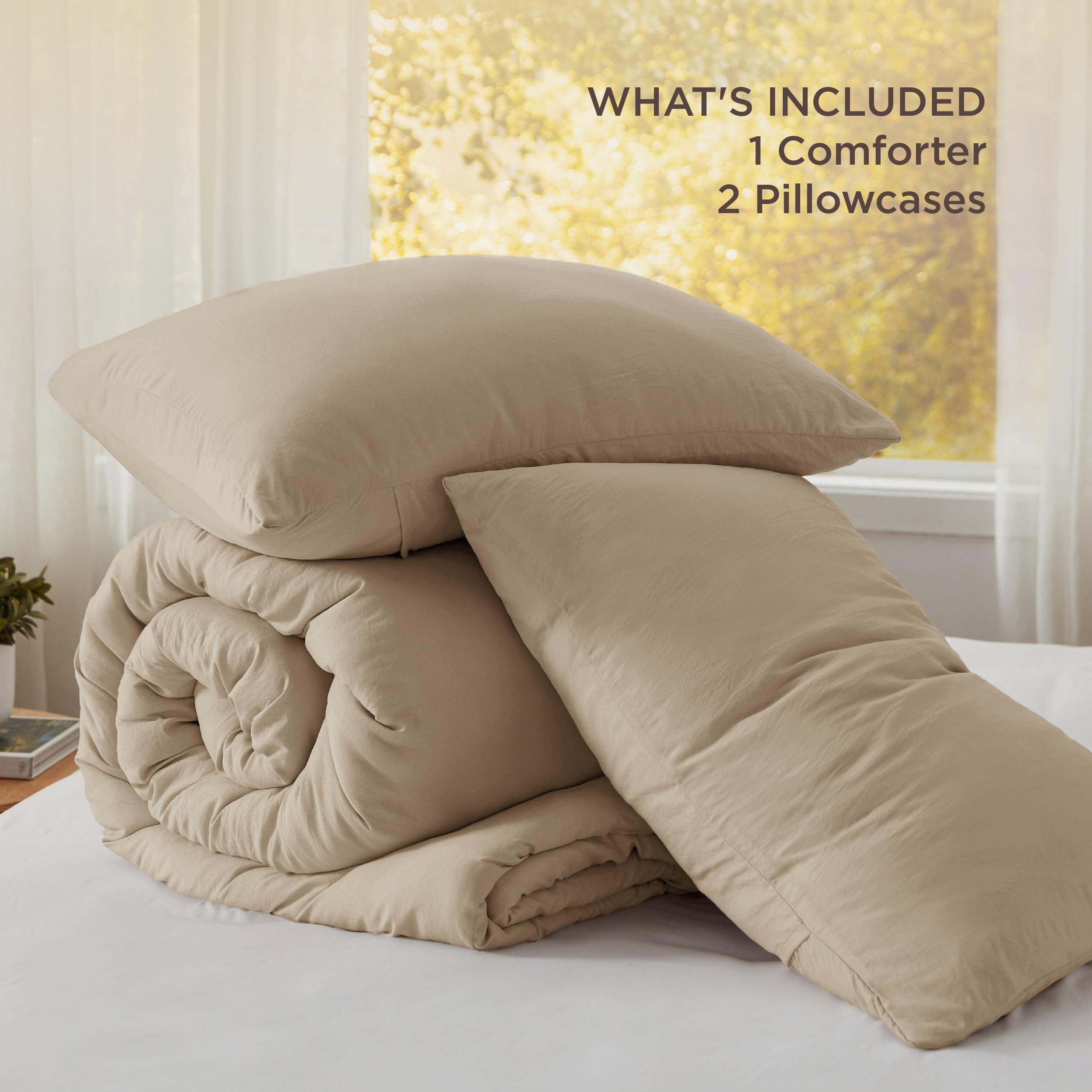 Bedsure comforter next to mattress showing 120x98 oversized fit and generous overhang