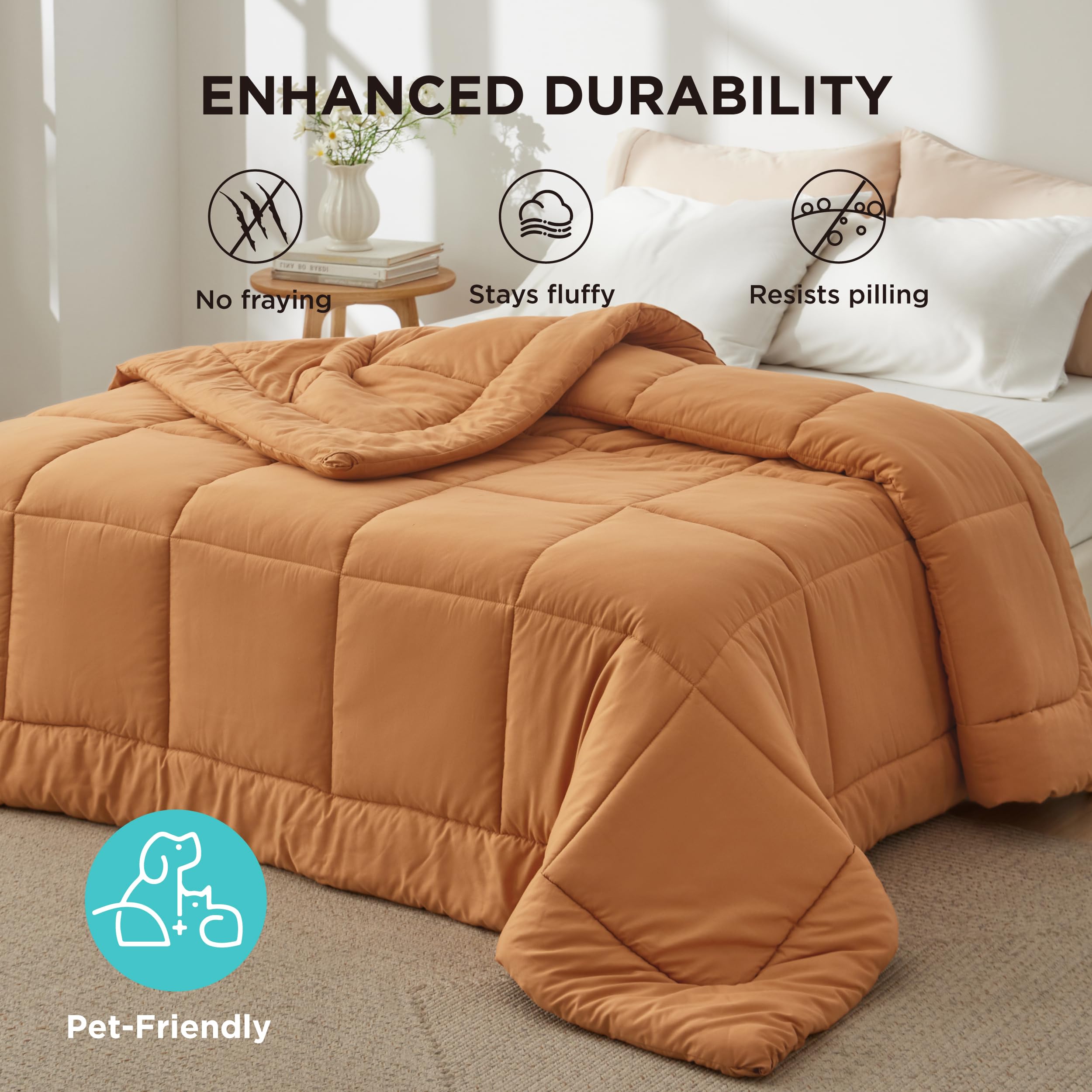 Bedsure comforter care label and fabric close-up showing machine-washable durability
