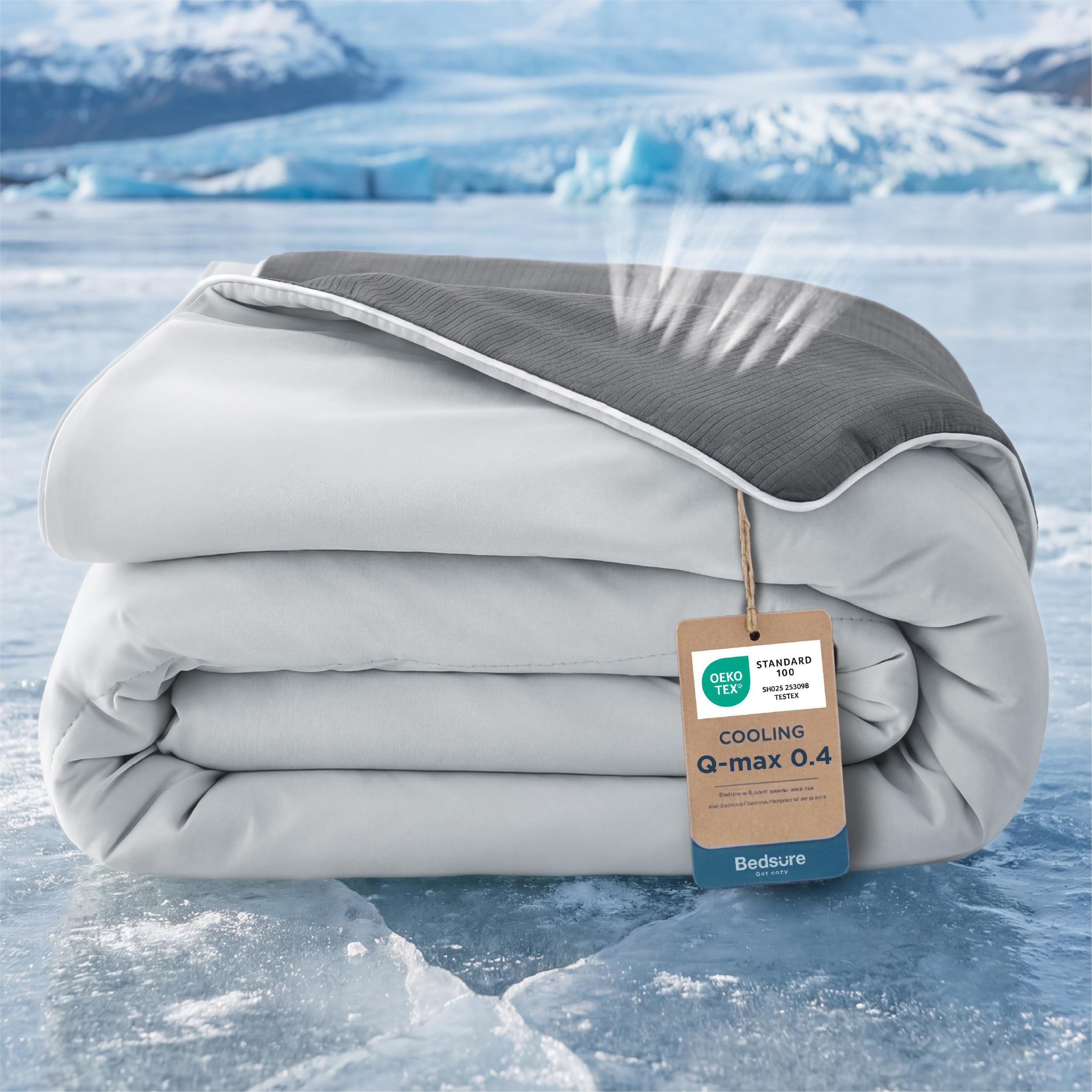Bedsure cooling comforter front view showing grey finish and lightweight look for cooler sleep