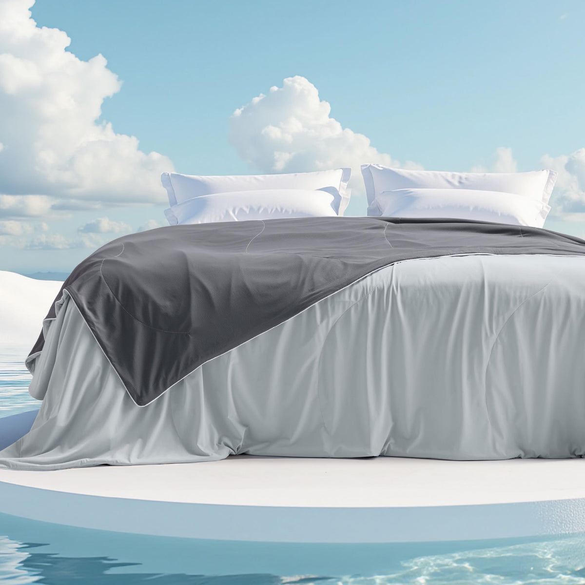 Bedsure cooling comforter front view showing grey king size and neat finish
