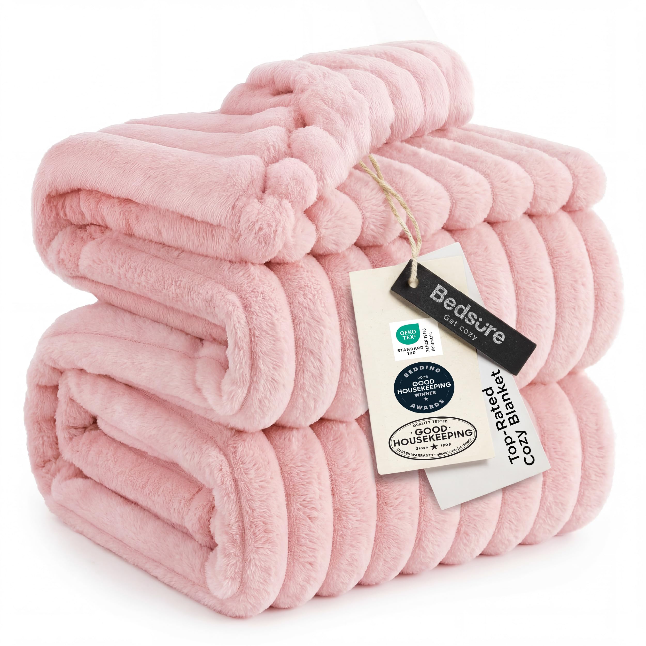 Bedsure coral pink blanket front flatlay showing full 90x90 coverage and cozy look