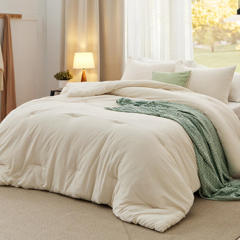 Bedsure cream comforter front view shows plush finish and inviting look
