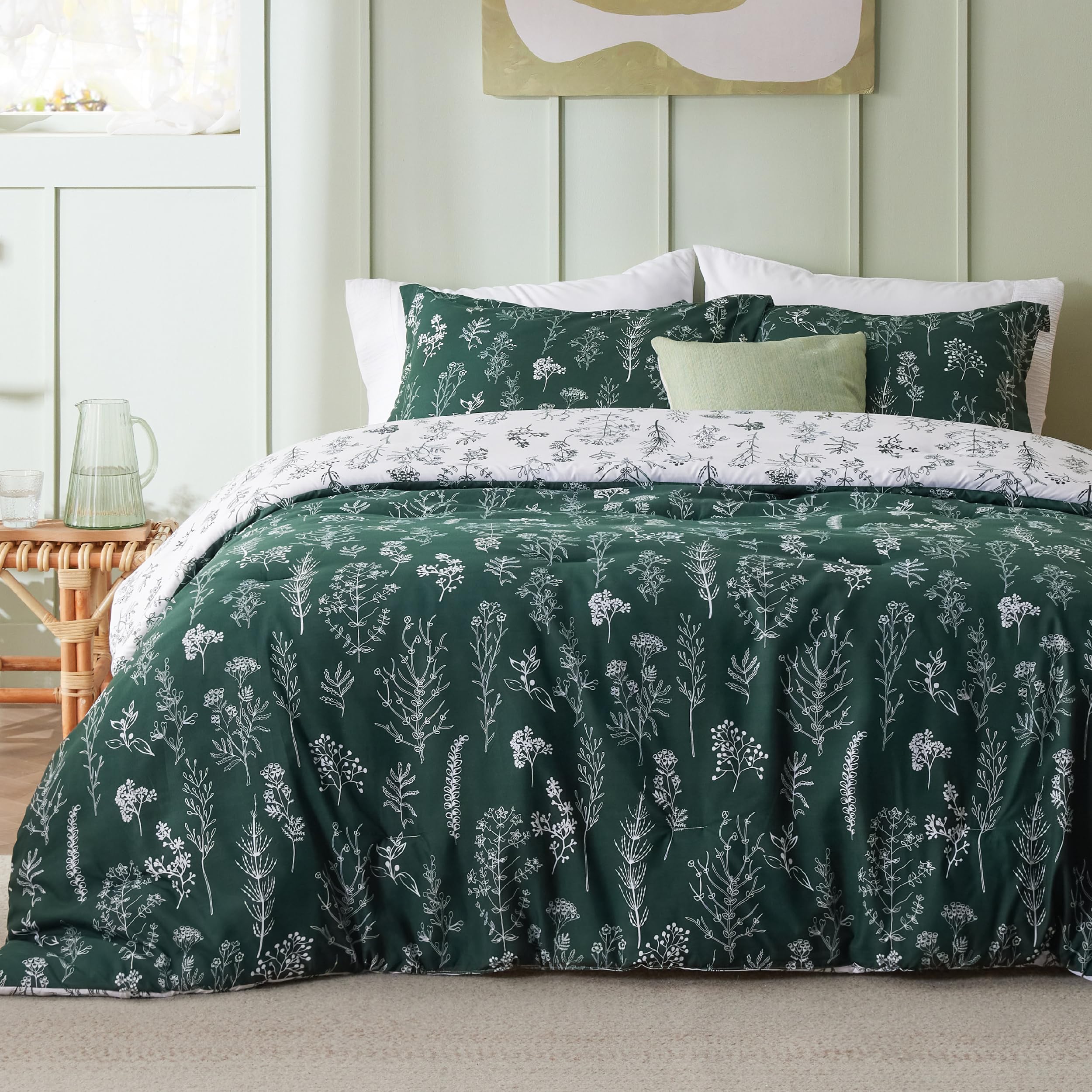 Bedsure dark green comforter front view showing floral pattern and cozy style