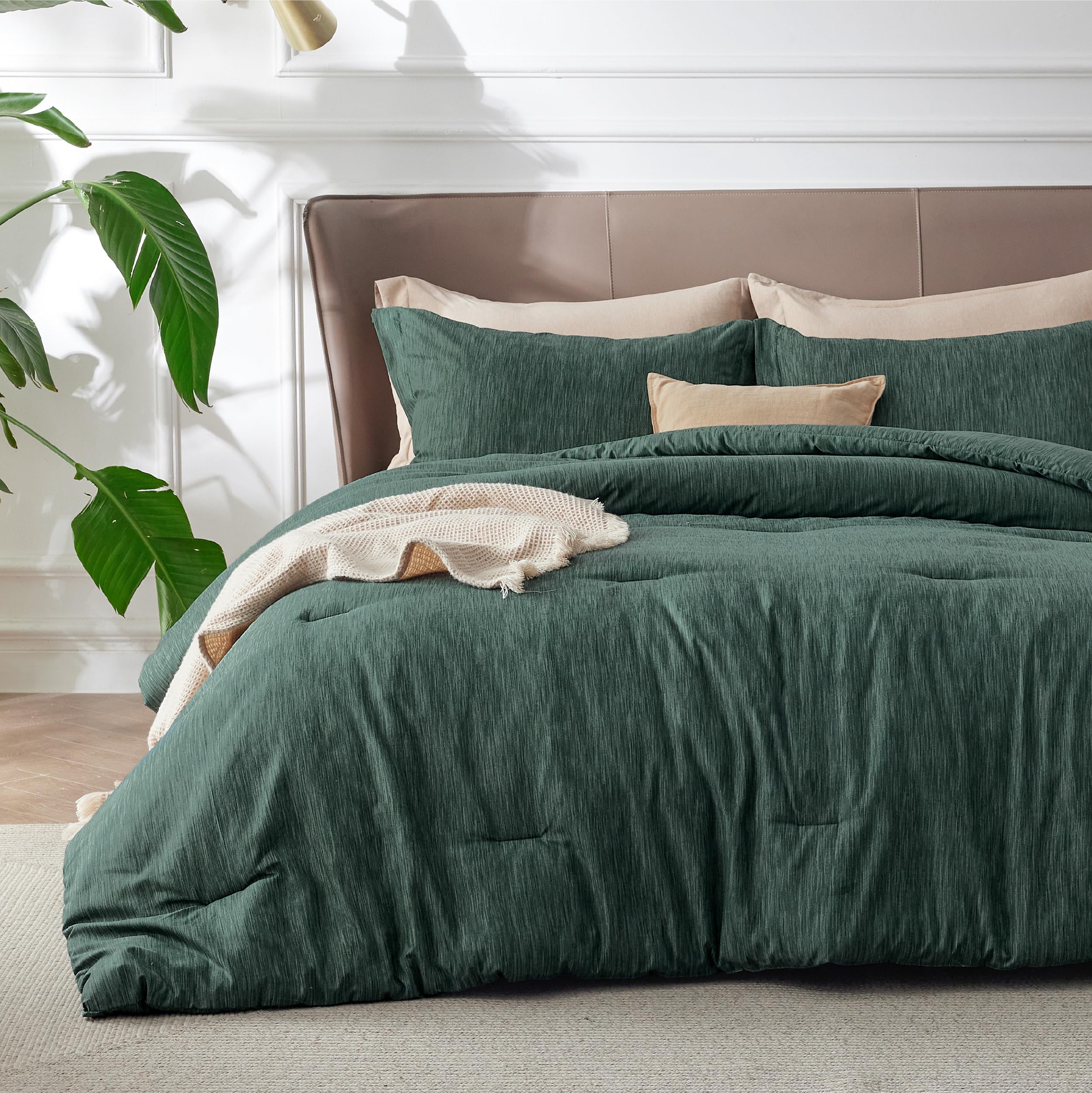 Bedsure front view of dark green queen comforter set shows cozy bedroom style benefit