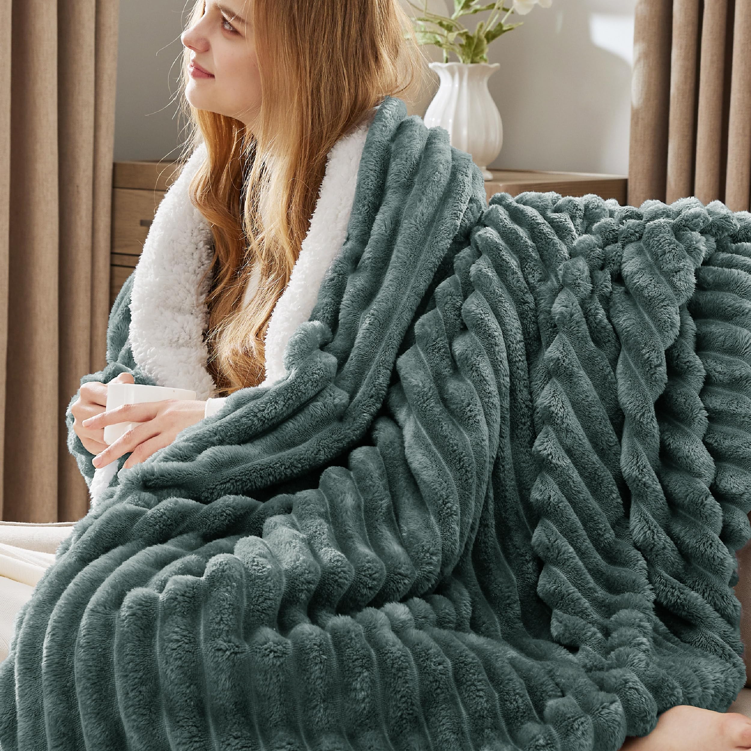 Bedsure blanket sherpa reverse close-up highlighting fluffy warmth and soft texture