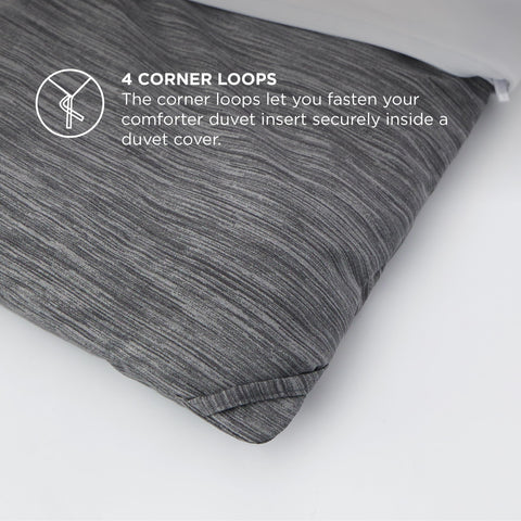 Bedsure dark grey corner loop closeup demonstrating duvet attachment feature