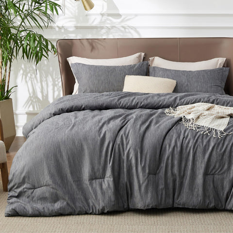 Bedsure dark grey comforter front view showing neat drape and modern color