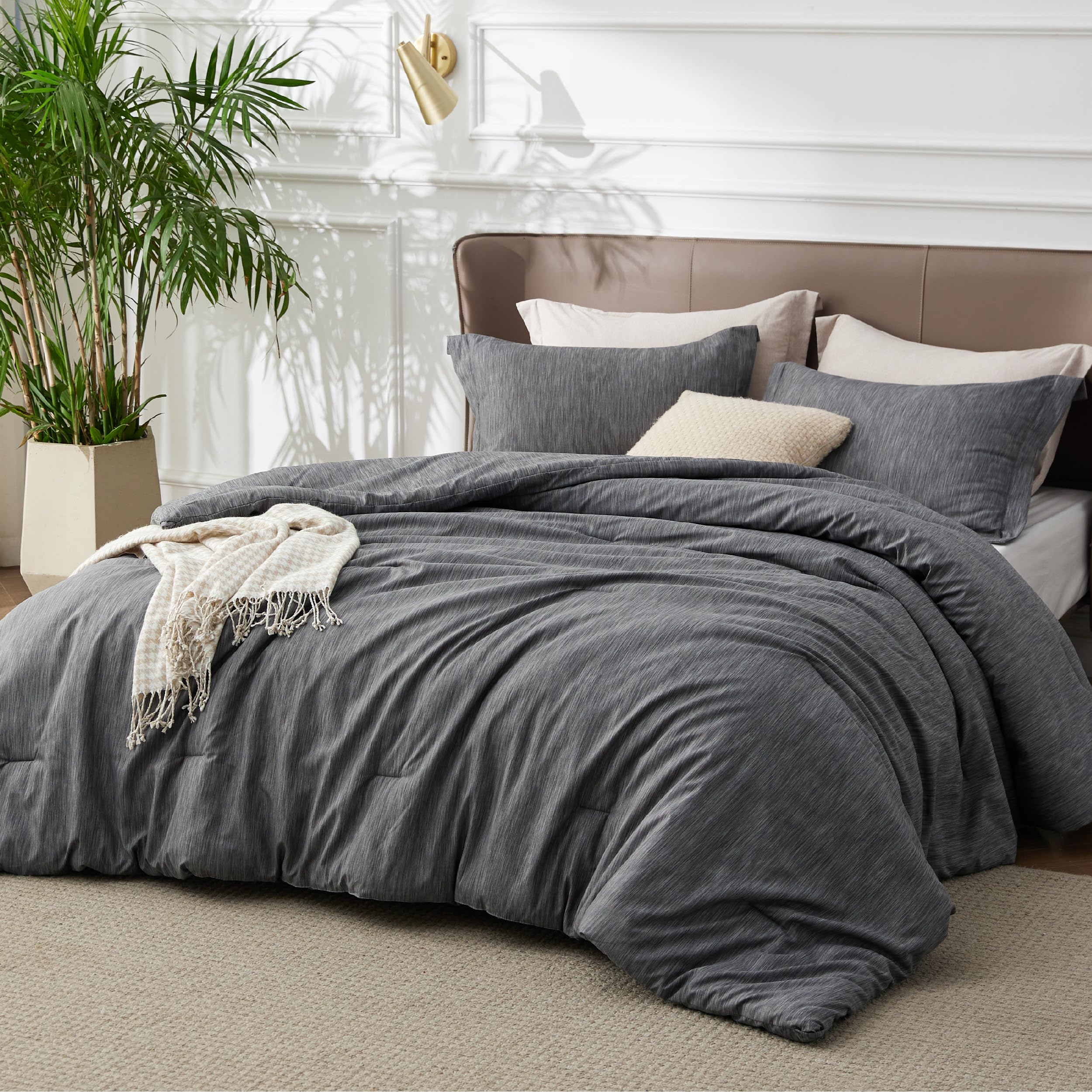 Bedsure dark grey on queen bed lifestyle scene showing versatile bedroom styling