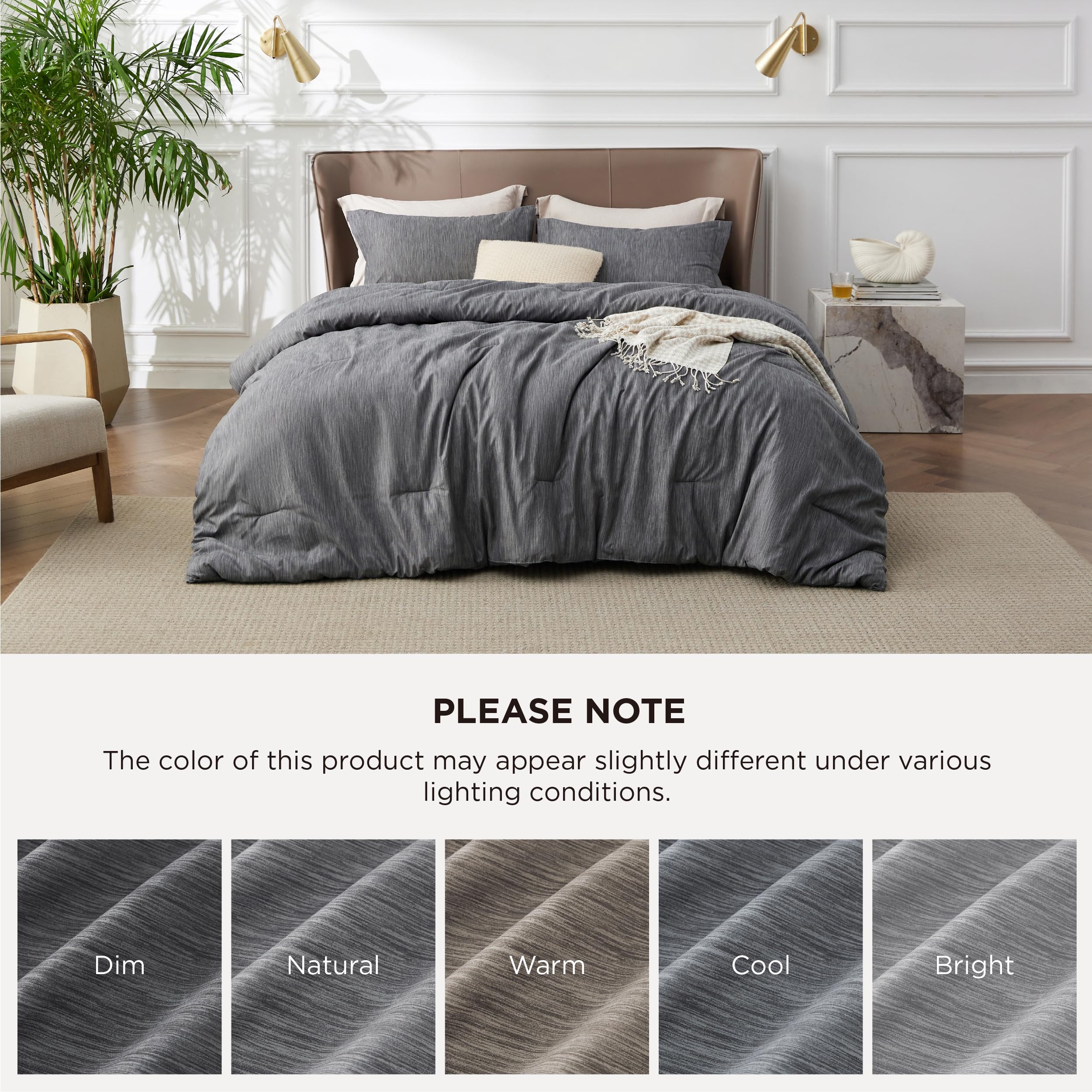 Bedsure dark grey comforter next to measuring tape illustrating 90 by 90 size