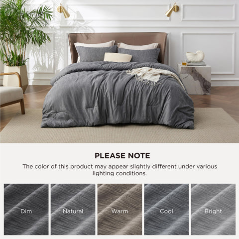 Bedsure dark grey comforter next to measuring tape illustrating 90 by 90 size