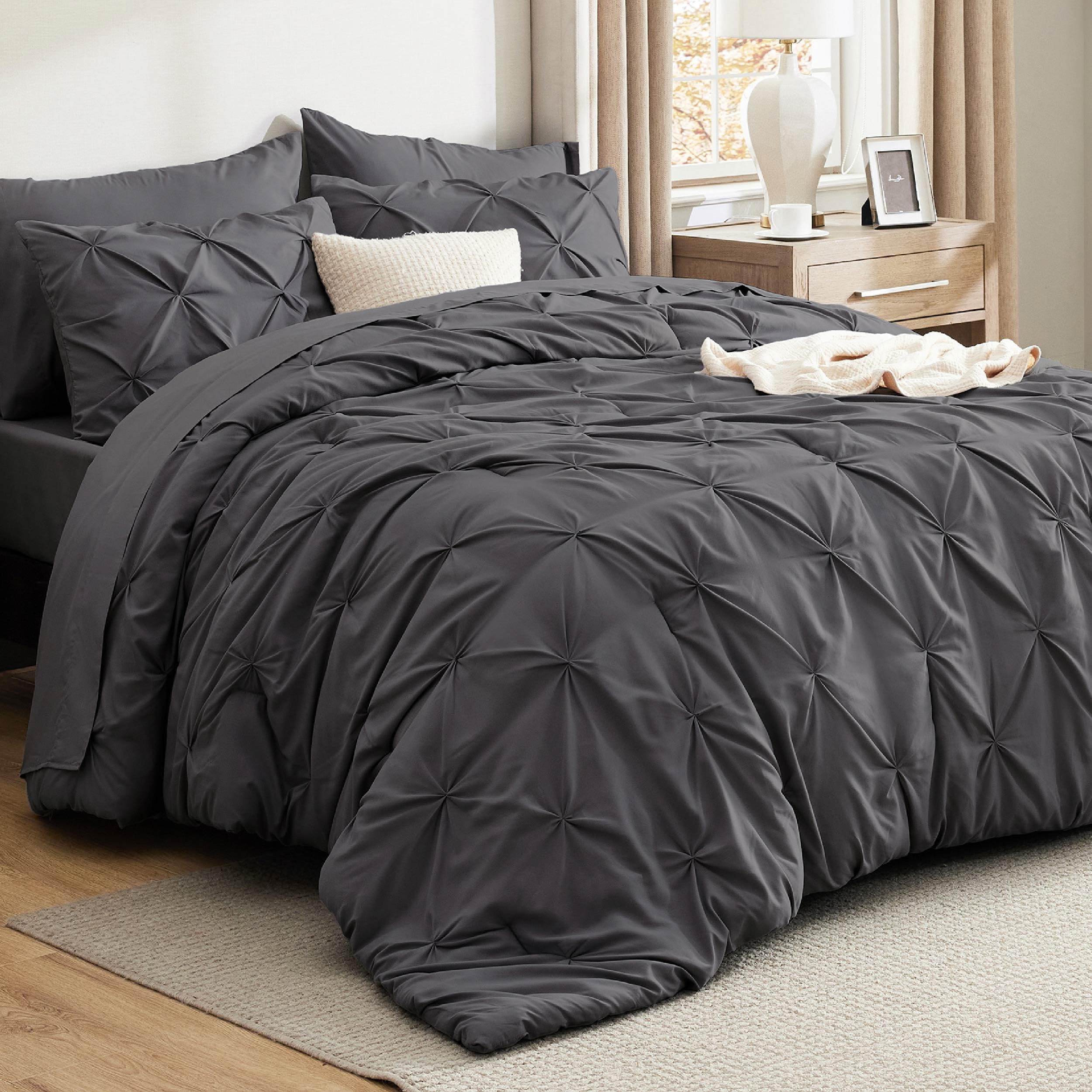 Bedsure dark grey front view showing full seven-piece set and neat packaging benefit