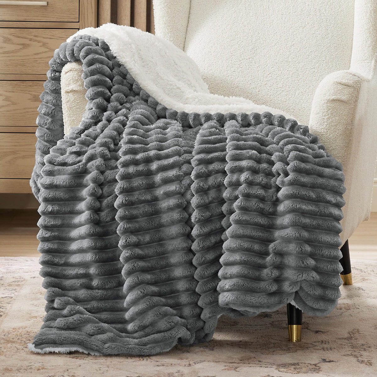 Bedsure front view showing dark grey throw, cozy look and easy styling